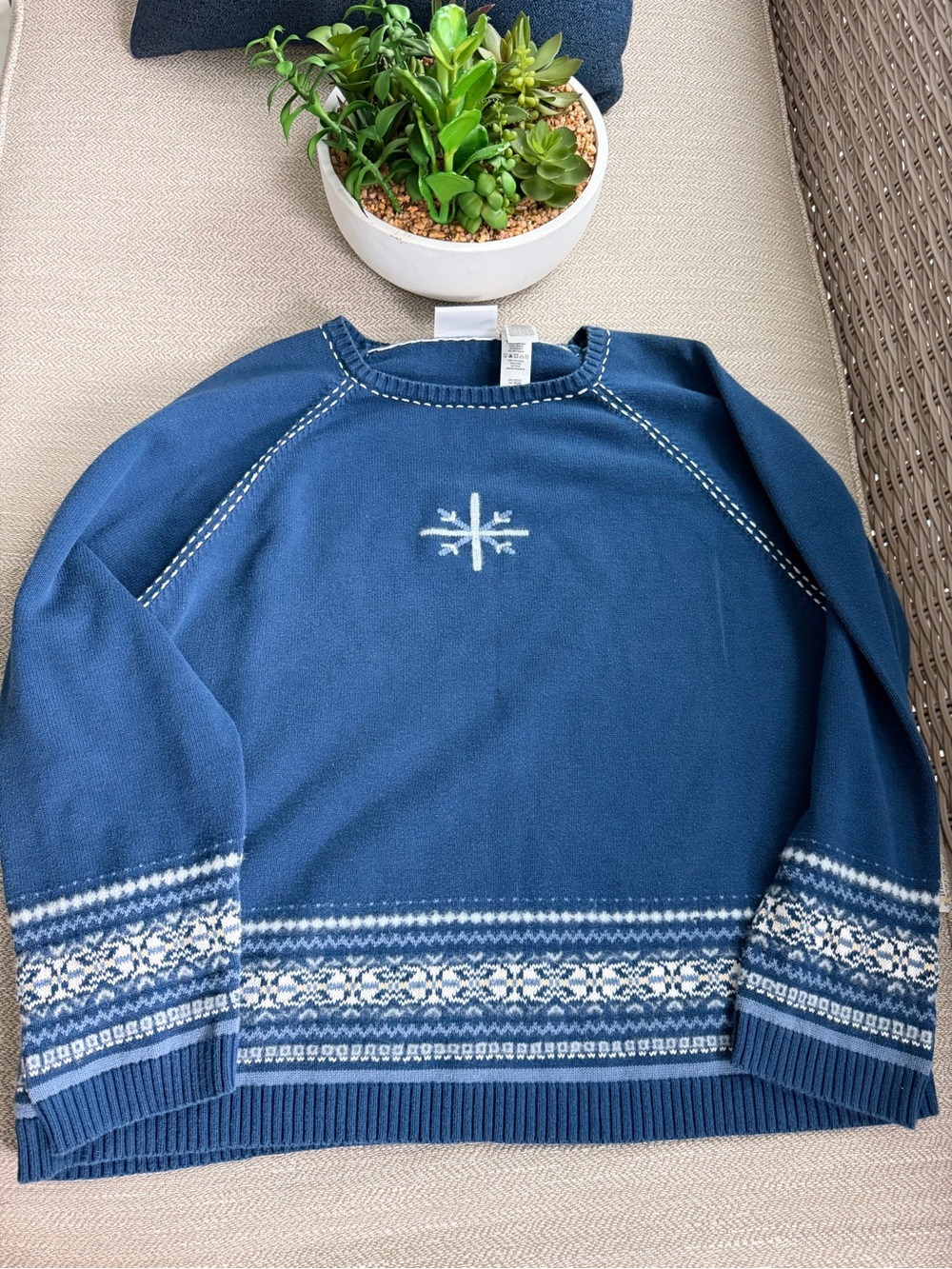 Liz Claiborne Blue Crewneck Sweater with White Snowflake Trim